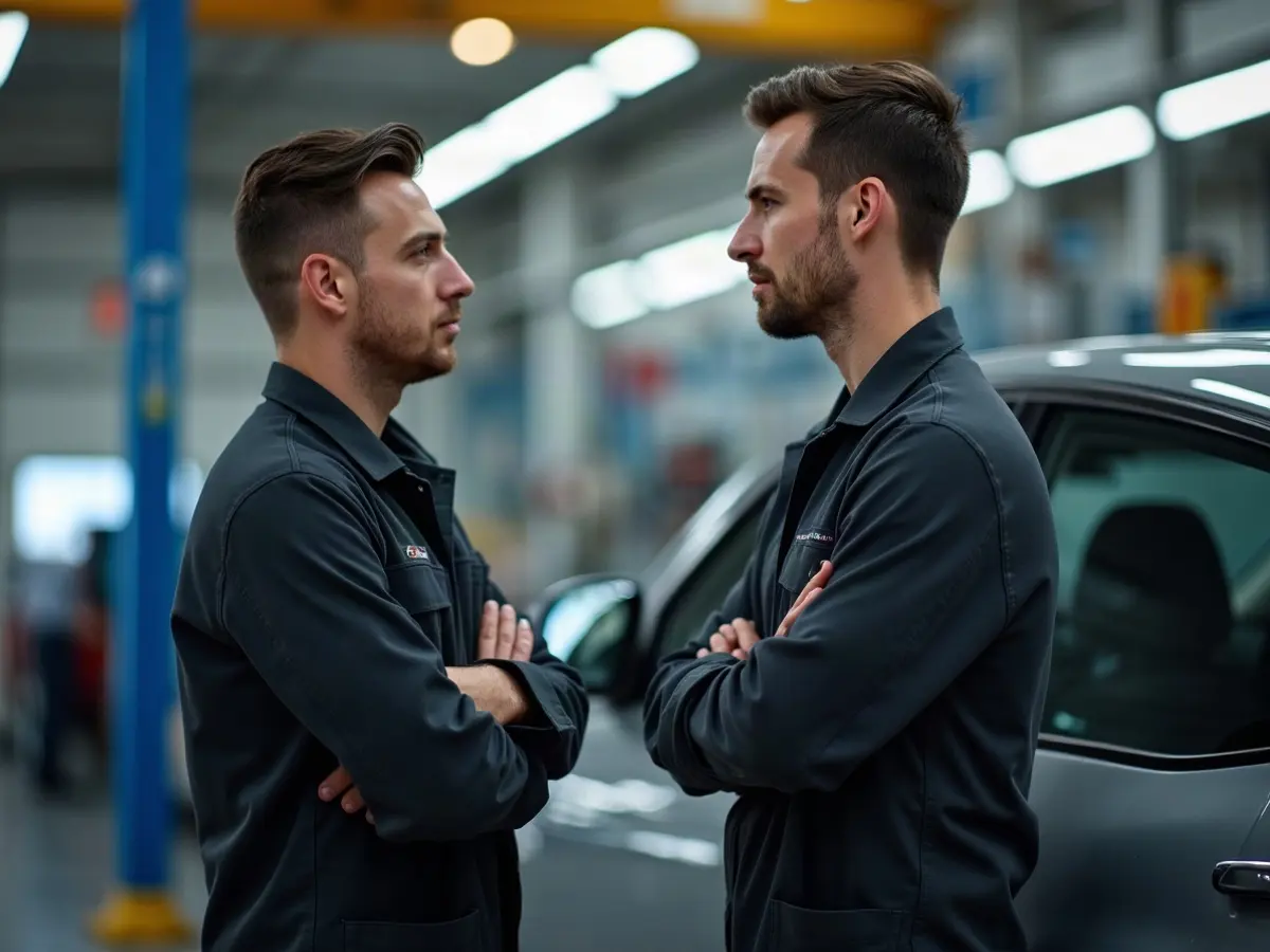 Two technicians at work in the workshop