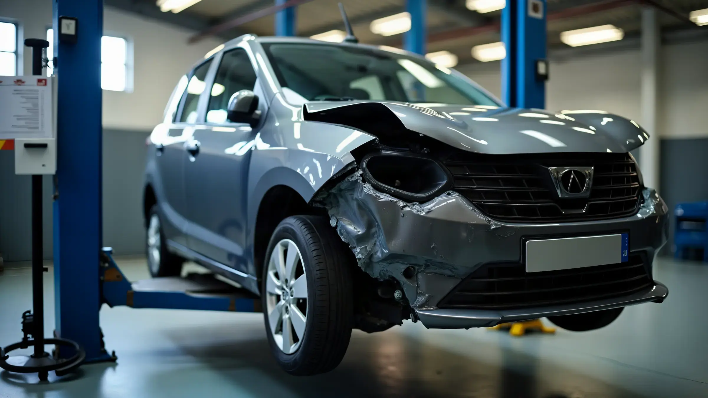 A damaged car on the ramp, ready for assessment