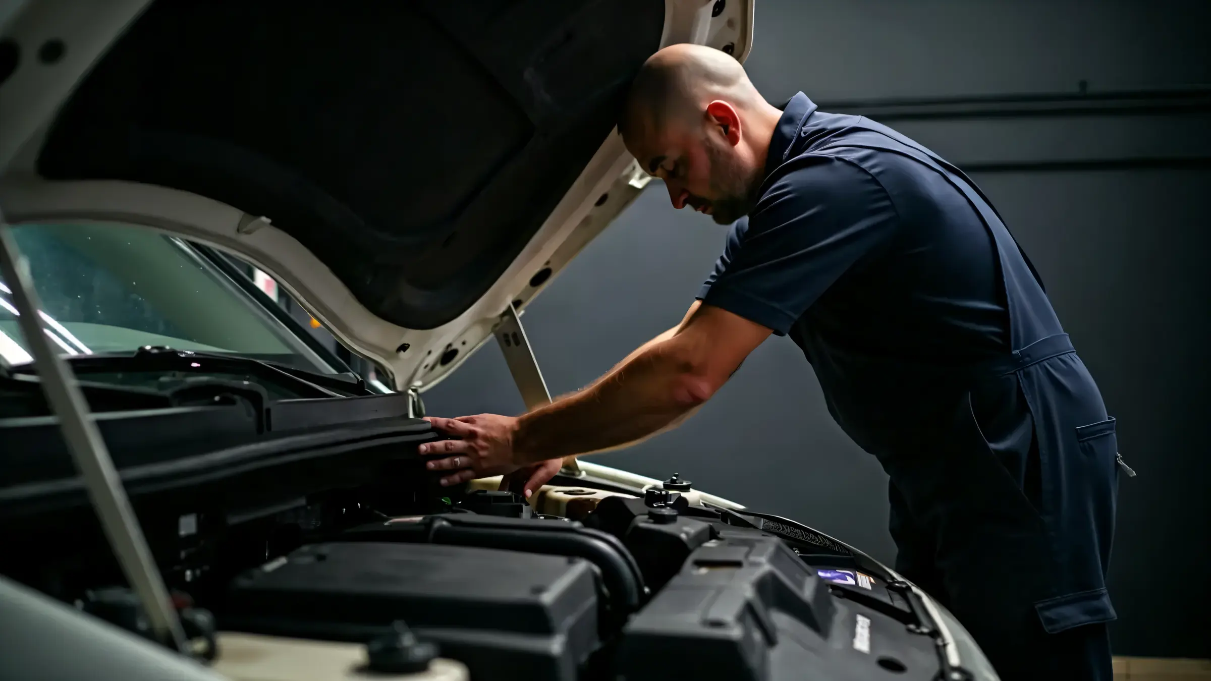 A technician working under the bonnet