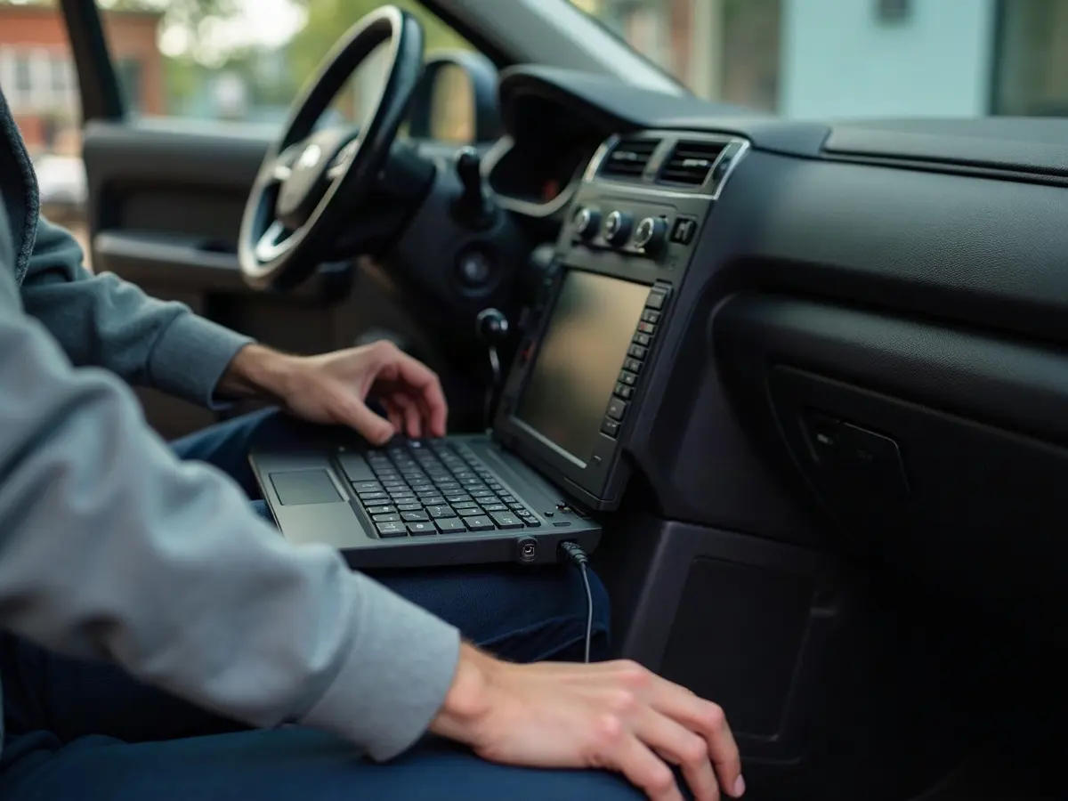 A diagnostic laptop plugged into a car under the dashboard