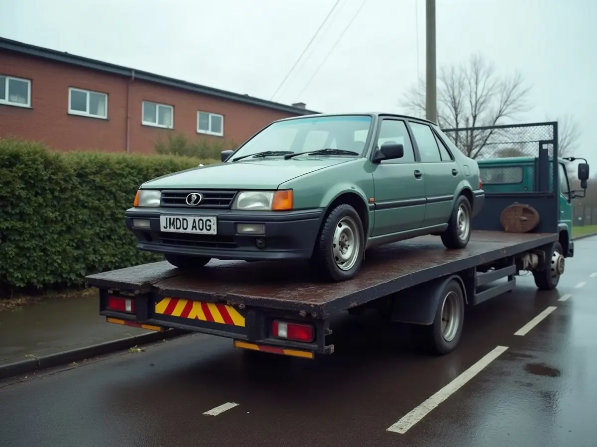 A vehicle loaded on a transporter for collection